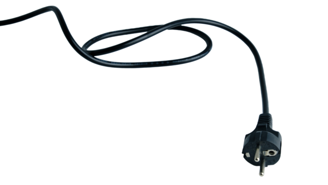 Black Electrical Power Cord With Plug and Looping Cable on White Background