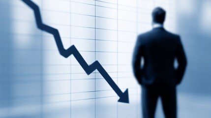 A businessman stands in front of a large chart displaying a significant decline in financial performance. His posture reflects concern about the current economic state