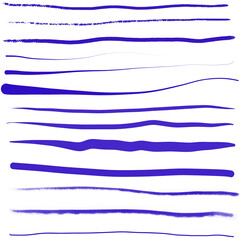 Set of blue hand drawn brush lines on black background with textured paint strokes and ink strips