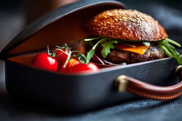 delicious burguer in a bento box isolated on leather background