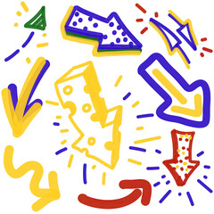 Colorful hand drawn arrows in different shapes and sizes on a black background