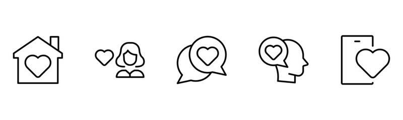 Heart, love, care, help, charity, and donation outline icons are set isolated on a white background in a flat vector illustration.