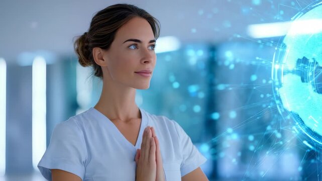 Confident nurse embraces digital transformation in healthcare, symbolizing balance between technology, well being. Futuristic elements highlight integration mindfulness, medical innovation