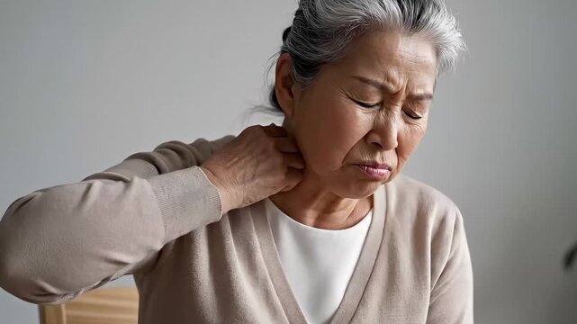 Elderly woman experiencing neck pain discomfort holding her throat with a pained expression showing signs of aging and chronic ache a relatable human emotion for healthcare and wellness themes