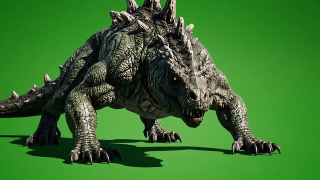 Menacing monster creature prowls with powerful strides, captured in stunning detail against a vibrant green screen for dynamic compositing