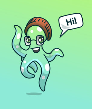 Cute cartoon octopus character wearing glasses and a beanie hat, smiling and waving with a speech bubble saying &ldquo;Hi!&rdquo;. Playful vector mascot illustration suitable for stickers, children&rsquo;s content, bra