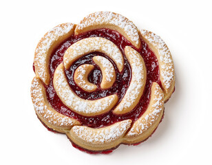Fototapeta premium Rose-Shaped Raspberry Shortbread Cookie with Powdered Sugar on Top Isolated on White Background