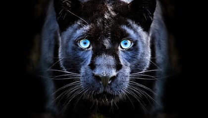 a black panther with piercing blue eyes staring intensely at the camera