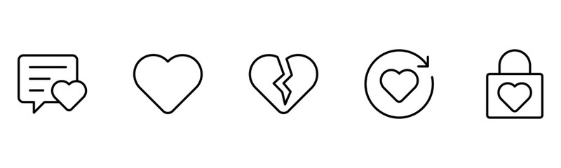Heart, love, care, help, charity, and donation outline icons are set isolated on a white background in a flat vector illustration.