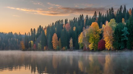 Autumn forest reflections in misty lake at sunrise with colorful trees