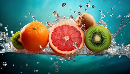 splashes burst around succulent grapefruit kiwi and orange trio celebrating vitamin c day and fruit bat festival s vibrant zest