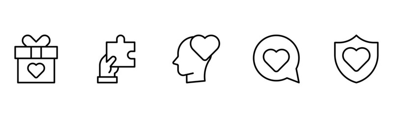 Heart, love, care, help, charity, and donation outline icons are set isolated on a white background in a flat vector illustration.