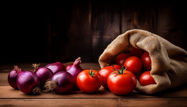 fresh red tomatoes and purple onions spilling from burlap sacks on a rustic wooden surface