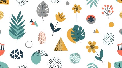 modern pattern featuring stylized leaves, flowers, and geometric shapes in a cheerful palette
