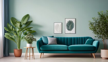 serene living room with teal sofa plants and minimalist decor for a calm home