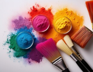 bright colorful powders and paintbrushes arranged on a white surface for artistic creativity