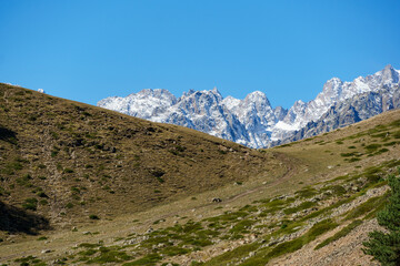 Majestic mountains tower over lush valley with dense forests and rolling hills, under clear blue sky, showcasing nature's grandeur and tranquility. Kabardino-Balkaria, Chegemsky district