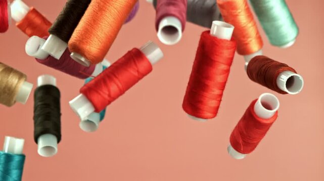 Sewing threads fly on a red background. Filmed on a high-speed camera at 1000 fps. High quality FullHD footage