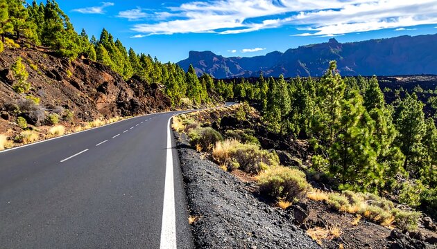 Scenic mountain road winding through a lush pine forest - Powered by Adobe