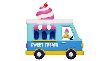 Cute cartoon ice cream truck with sweet treats and cherry on top.