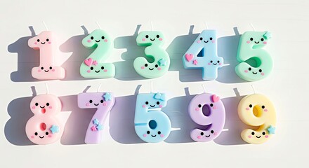 Colorful number candles with cute faces arranged on white surface  
