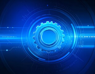A vibrant blue gear illustration set against a futuristic, technological background