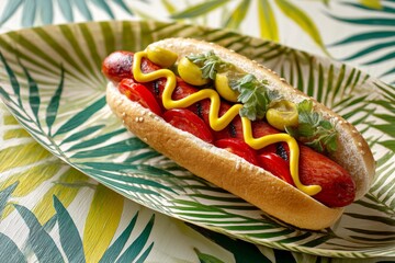tasty hot dog on a palm leaf plate isolated in painted gypsum board background