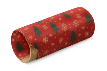 Christmas wrapping paper roll in red and green with fir trees and snowflakes, celebrating holiday season, transparent background