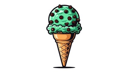 Mint Chocolate Chip Ice Cream Cone Illustration.