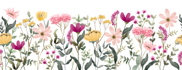 Fototapeta premium pink yellow wildflower watercolor seamless border