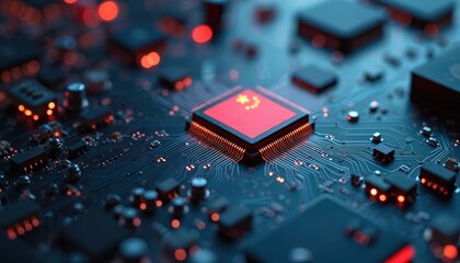 Chinese microchip illustrates tech competition. China tech ambition shown by microchips. Global market impacted by Chinese manufacturing. Semiconductor industry races for tech expansion, innovation.