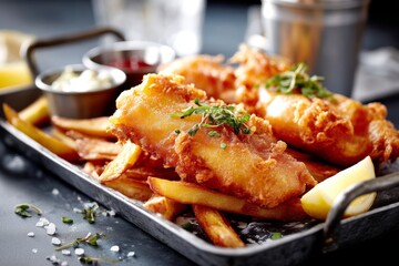 exquisite fish and chips on a plastic tray in front of galvanized steel background