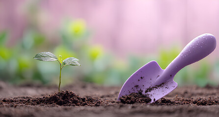 Tiny vibrant green seedling sprouting from fertile dark soil next to a small purple gardening trowel