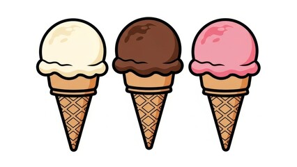 Three delicious ice cream cones with different flavors in a row.