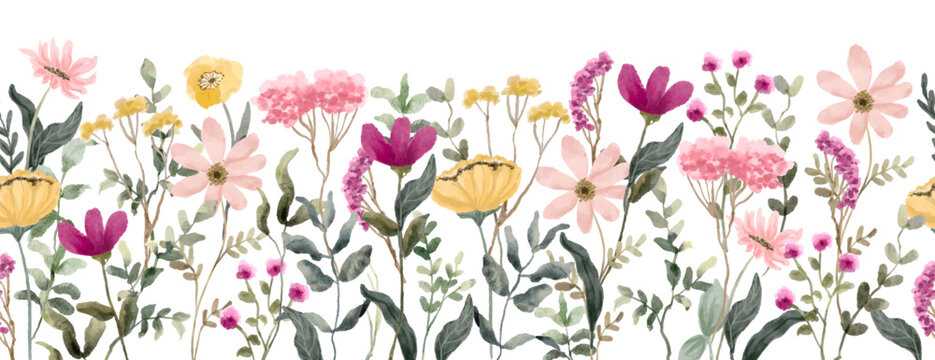 pink yellow wildflower watercolor seamless border