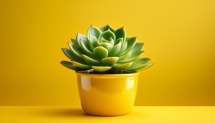 a vibrant green succulent plant in a glossy yellow pot on a bright yellow background