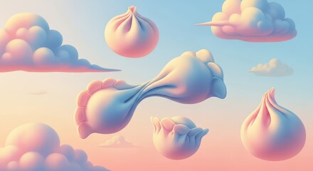 Stylized, soft-toned dumplings float among pastel clouds in a surreal sky scene