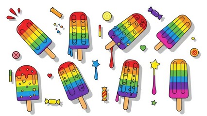 Vibrant Rainbow Popsicles and Candies Collection.