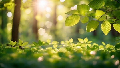 peaceful morning sunlight streams through out of focus green leaves in a tranquil forest forming a soft glowing background with natural light and bokeh