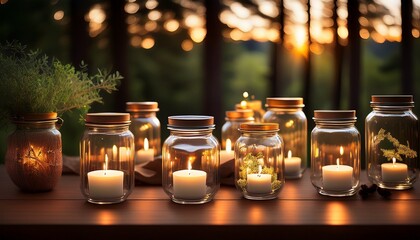 a table with candles in glass jars