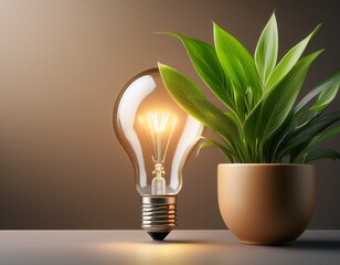 a glowing light bulb next to a potted green plant on a neutral background