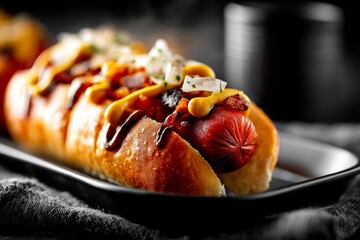 tempting hot dog on a metal tray isolated in dark background
