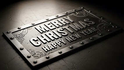 Metal merry christmas and happy new year sign with rivets