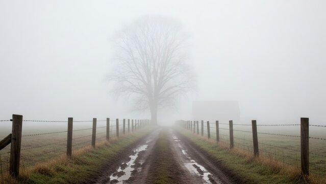 Misty lane leads to tree and farmhouse with evoking mystery and journeys end. - Powered by Adobe