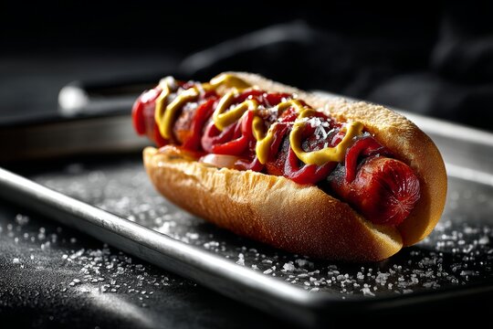 tempting hot dog on a metal tray while standing against dark background - Powered by Adobe
