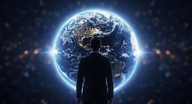 Humanity gazes at glowing earth from space surreal sci-fi vision