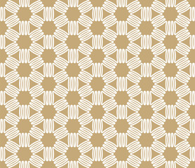 Fototapeta premium Gold and white vector seamless pattern. Abstract floral geometric texture. Elegant ornamental background with flower shapes, lines, triangles, grid, lattice. Golden repeating decorative design