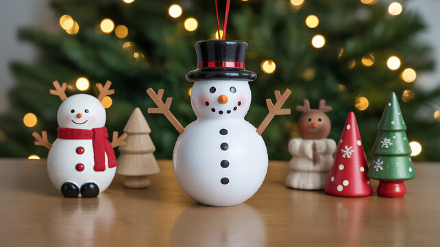 Festive Christmas Ornaments Including Snowmen and Trees with Bokeh Lights snowman decoration
