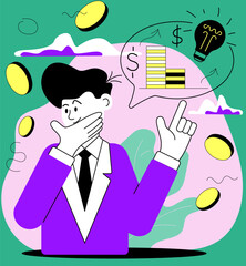 Businessman thinks about how to invest money and make profit with bright colors