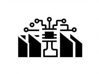 Abstract City Network Icon Featuring Building and Node Designs